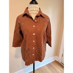 Susan Graver Women's Brown‎ Linen Blend Cut out Button Up Blouse Size M